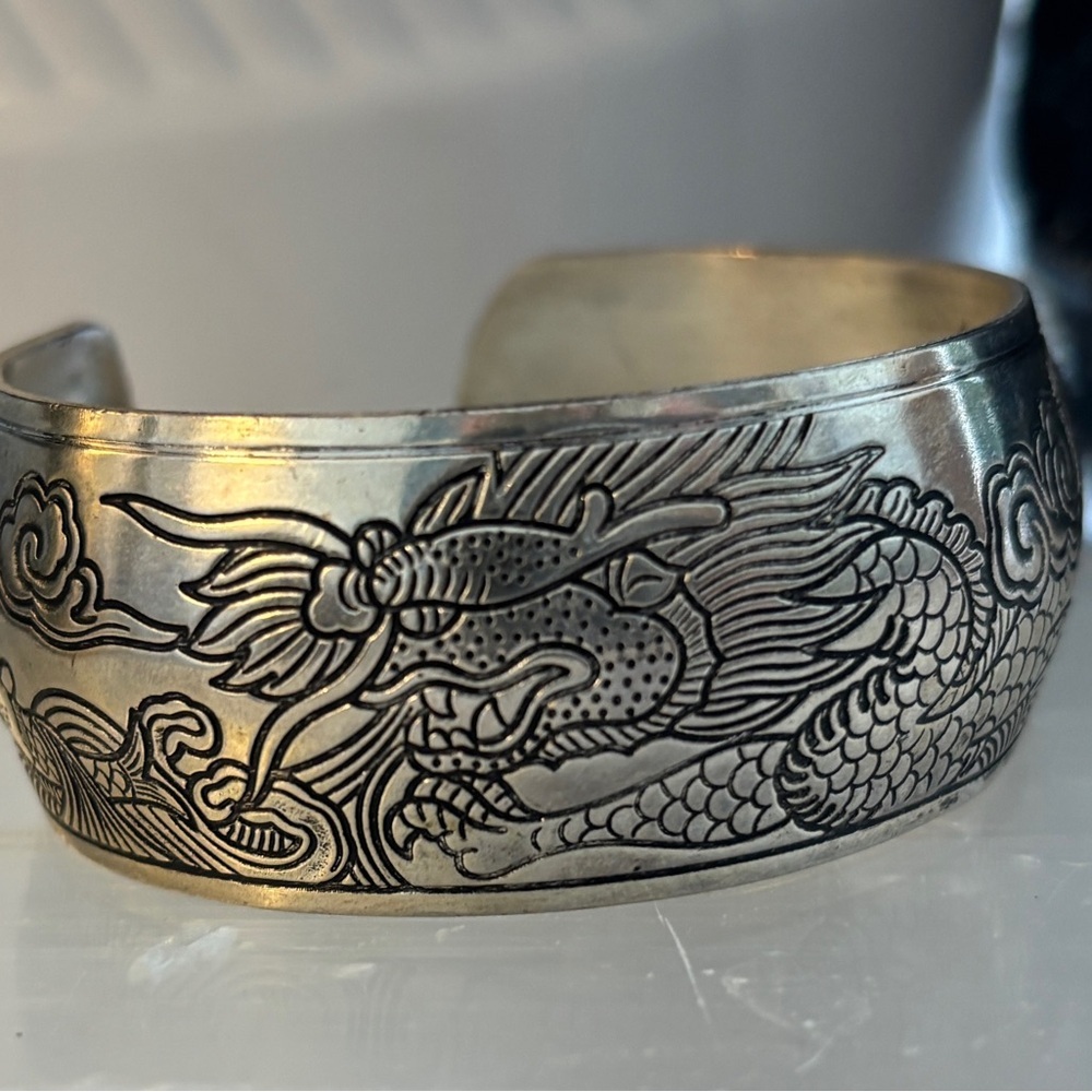 Sterling Silver Dragon Cuff Bracelet – Wide Engraved Statement Cuff – 925 Silver